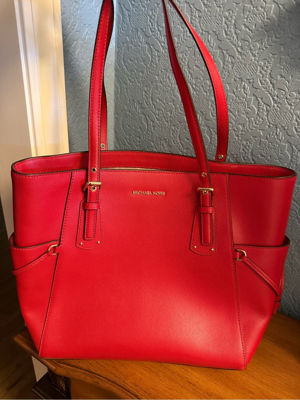 Michael Kors Red Saffiano Leather Tote with Gold Hardware